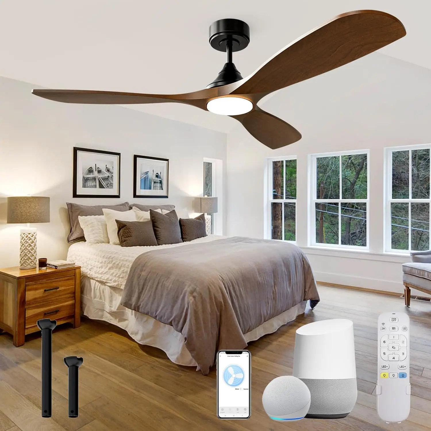 Modern Luxury 52-Inch Flush Mount Ceiling Fan Light Designer Wooden Grain Blade Electric DC Motor Remote Control Household Hotel
