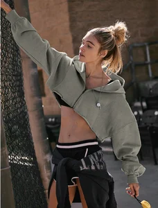 Vintage Women's Solid Color Short Cropped Zip up Clothing Long Sleeves Hoodie for Running Fitness Sport Hooded Zipper Hoodie