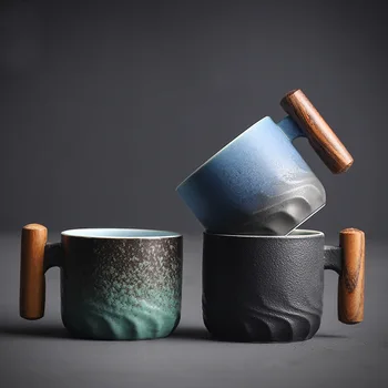 Japanese Ceramic 80ml Tea & Coffee Mug with Wooden Handle Retro Style Eco-Friendly Office Drinkware Microwave Safe Water Mug