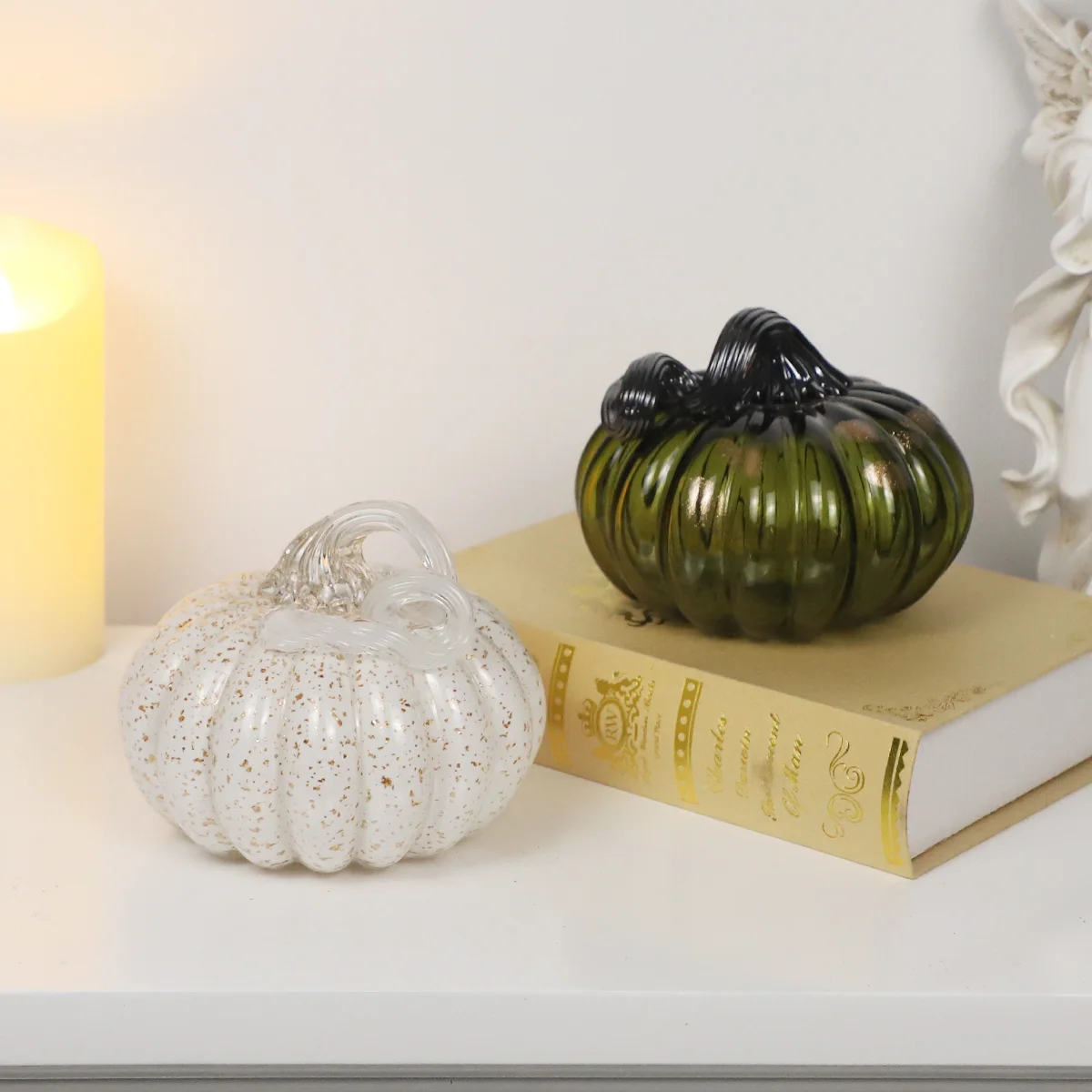 2 Lanterne Decorative A Forma Di Zucca In Ceramica Con Luci LED - Decorazioni Autunnali E Halloween Per Interni/Esterni, 8,5x10,5 Cm