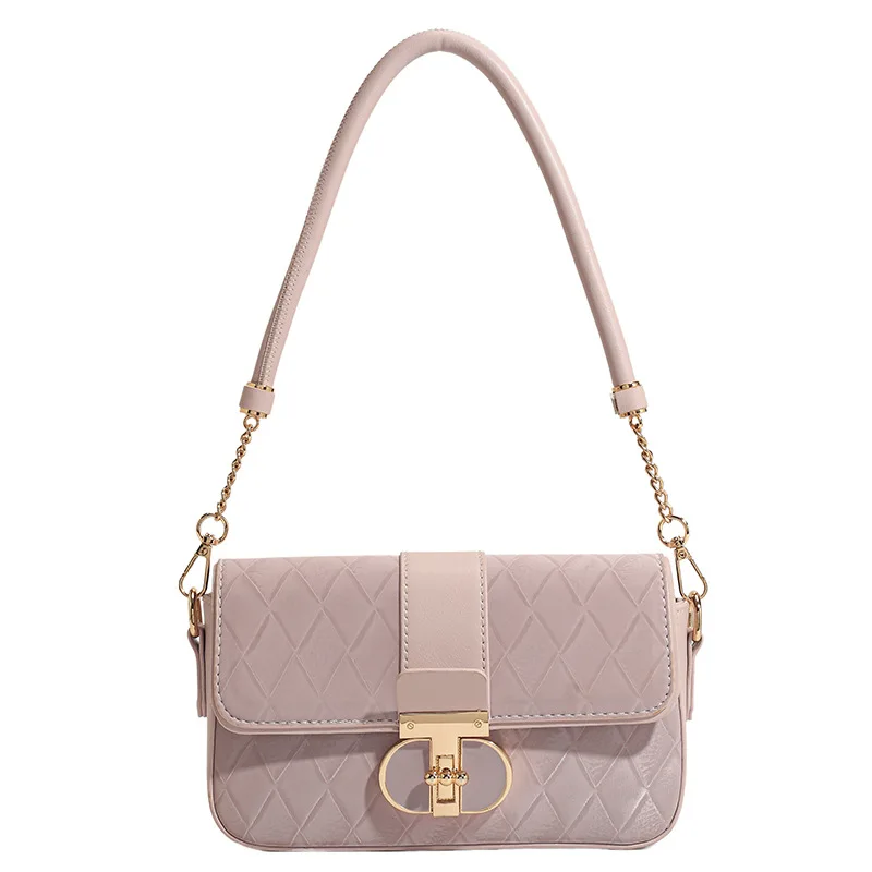 Texted Rhombic Small Square Summer PU Bag 2026 New Peach Oolong French Underarm Niche Plaid Single Shoulder Crossbody Bag Women