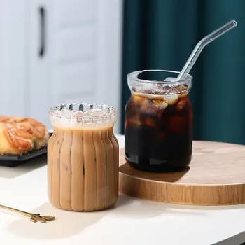 56H Vertical Grain Glass Cup Juice Milk Tea Mug Beverage Cup Transparent Glass American Latte Coffee Cup