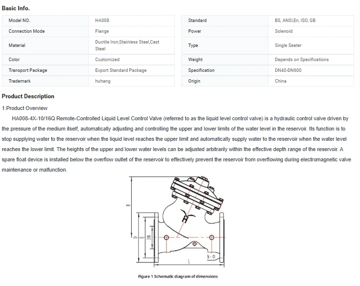 Ha008 Remote-Controlled Liquid Level Control Valve Flange Design High Temperature Water Application Hydraulic OEM Customizable supplier