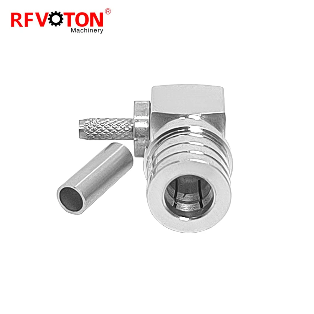 Fiche mâle QMA usine : angle droit (R/A), coude à 90 degrés, fixation par sertissage sur câble RG316 et RG174, connecteur coaxial RF, nickelé
