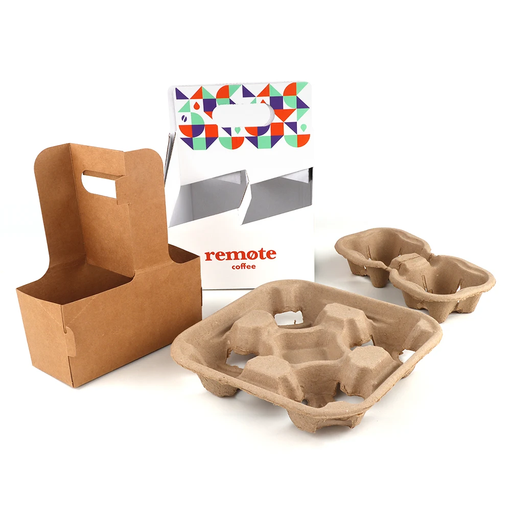 Coffee Tea Cup Holder Food Tray Accept Brown with Handle Kraft Paper Craft Paper Customized Disposable Single Wall Paper Cup