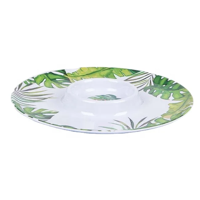 Free Sample Custom Made Big Round Plastic Snack Food Serving Trays Safe Food Grade Melamine Dip and Chip Tray