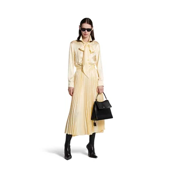 Custom Women's Elegant Jacquard Silk Lace Elegant Pleated Design Dress With Belt Collar Clip Button Front Cream Pleated Skirt