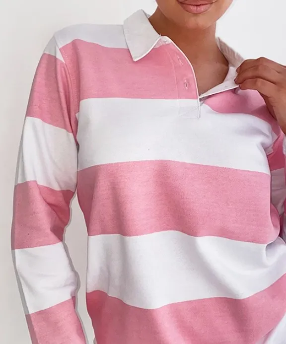 High Quality Custom Logo Embroidered Twill Rugby Collar Long Sleeve Polo Shirts for Women Pink White Stripe Rugby Shirt
