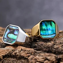Gorgeous Natural Square Abalone Shell Cluster Ring 18K Gold Plated Stainless Steel Engagement Rings for Men Women Jewelry