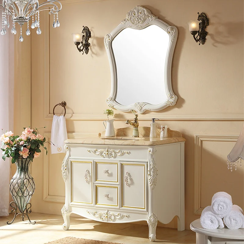 【にレーザー】 新しいフロアヨーロッパバスルームキャビネットコンビネーションアンティーク無垢材オークコンビネーションバスルーム洗面台