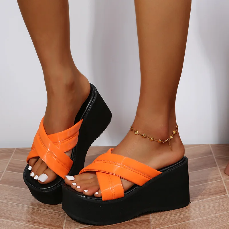 2022 Free Samples Peep Toe High Platform Slip on Bandanas Women Sandals Shoes Thick Bottom Waterproof Slides High Heel Slippers