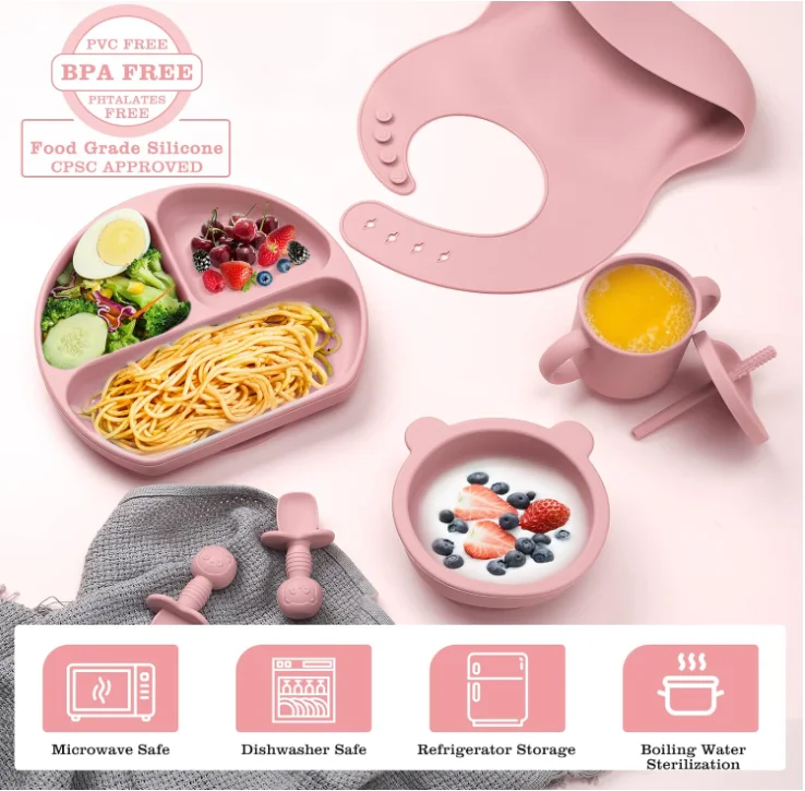 Baby Tableware Set Silicone Suction Plate Baby Bib Drinking Cup Fork Spoon Silicone Baby Feeding Set BPA Free Food Grade Silicon