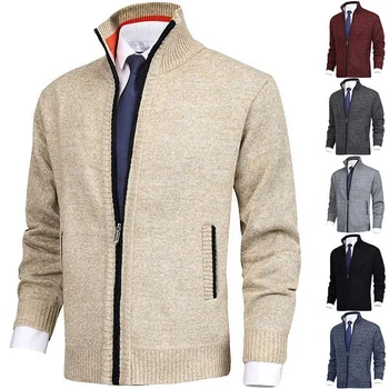 Autumn and winter new men's solid color stand collar fashion cardigan sweater knitted jacket large size sweater men