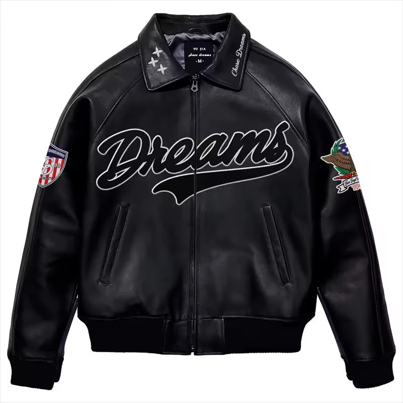 Custom Patchwork Leather Jacket Rhinestone Embroidery Patches Vintage Letterman College Baseball Bomber Varsity Jacket for Men gallery 3