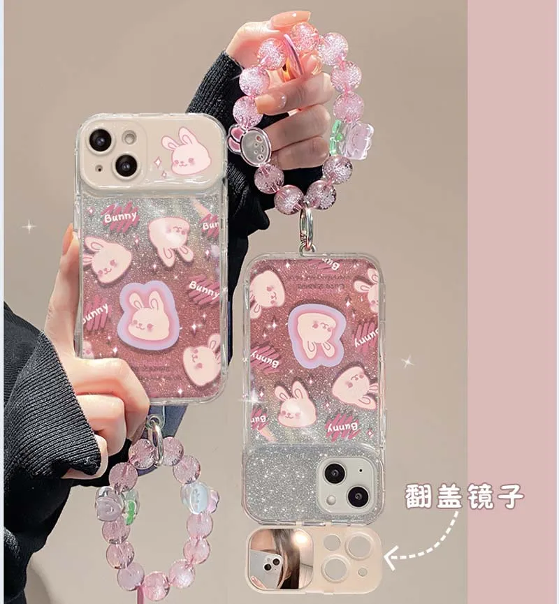Cute Rabbit Fold Mirror Camera Stand With Bracelet TPU Mobile Phone Cover Case for Iphone 17 8 X Xr Xs 11 12 13 14 15 16 Pro Max