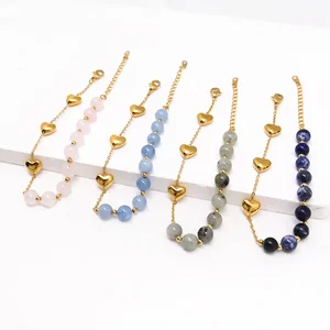 Waterproof Vintage Jewelry 18K Gold Jade Natural Stone Beaded Stainless Steel Agate Custom Lucky Heart Charms Bracelets