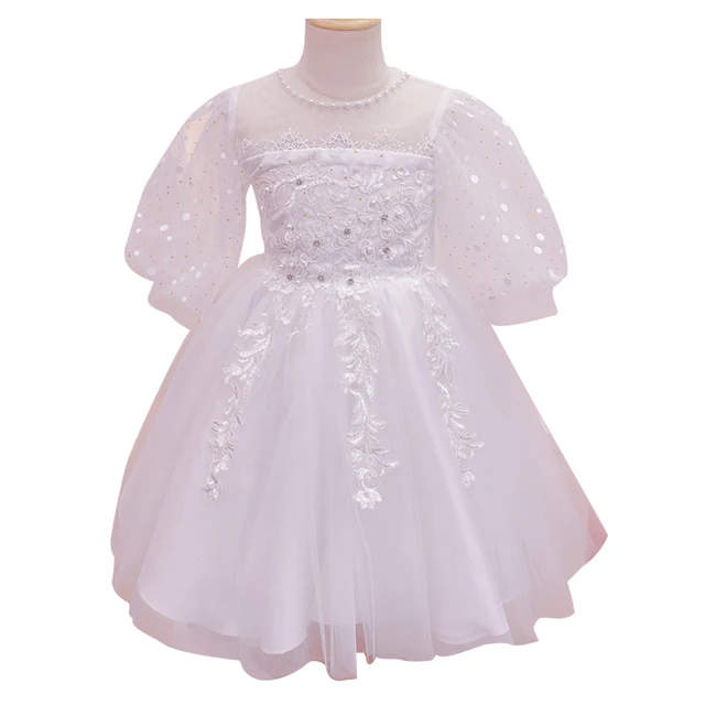 High Quality Half Sleeved White Spot Embroidered Chiffon Girls Party Dress For Wedding Banquet