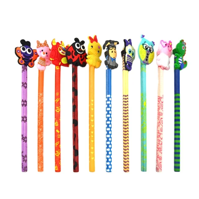 High Quality New Velvet Flocked Color Fabric Wrapped Wood Pencil Animal Topper Pencils with Cartoon Animals tiger lion zebra on Top