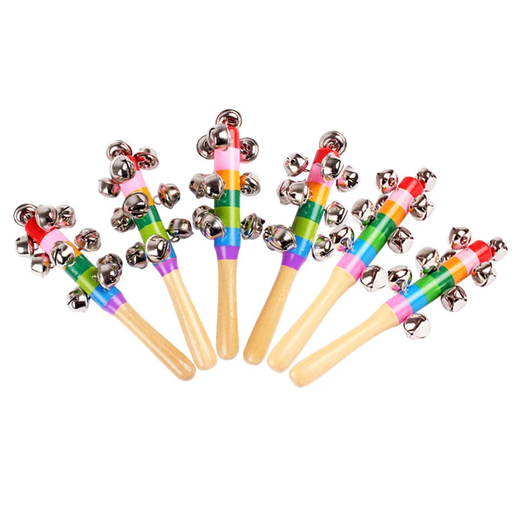 18 месяцев новорожденных пожимая Джингл палочки игрушка Детские деревянный барабан погремушки с колокольчиком