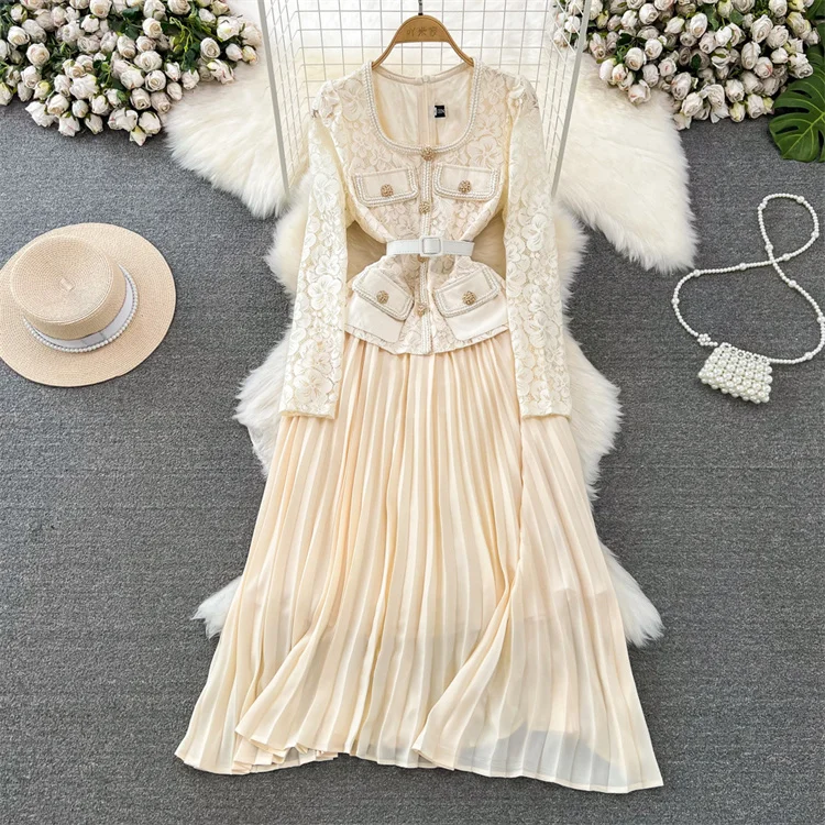 2024 Autumn Elegant Long Sleeve Patchwork High Waist a Line Dress Women  Lace Top Pleated Skirts| Alibaba.com