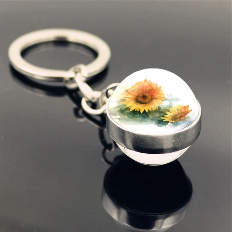 Cute Trendy Women Key Ring Gifts Art Picture Double Side Glass Ball Sunflower Keychain accessories
