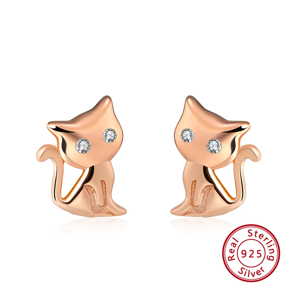 Bamoer Hot Sale Authentic 925 Sterling Silver Cute Cat Small Stud Earrings For W