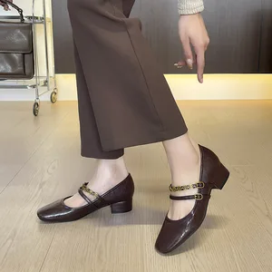 5318-6 French Retro Texture Double Word Belt ~ Soft Mary Jane Flats Women's square Toe Shoes Fashion Trend Autumn