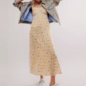 Manufacturer Summer New Style Sleeveless Cotton Dresses square Neck Ladies Pleated Back Design Floral Long Midi Dress