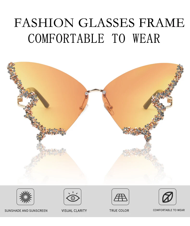 Rimless Luxury Diamond Butterfly Shape Sunglasses Crystal Rhinestone Sunglasses Women Brand Y2 0573