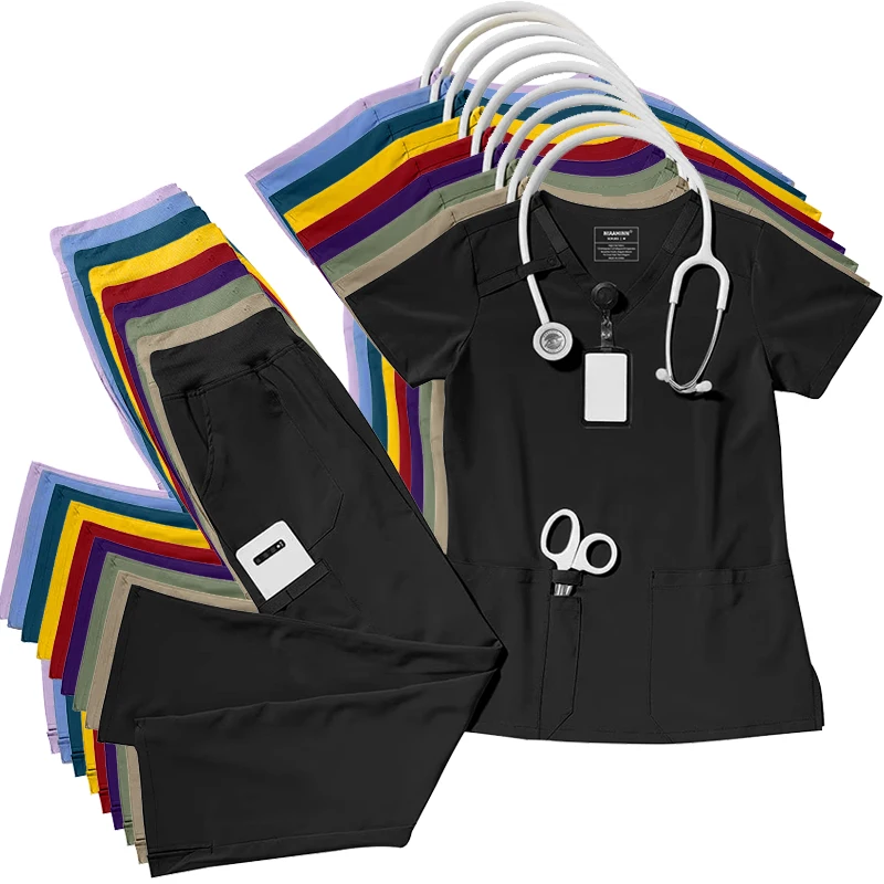 High Quality Fashion Medical Uniform Scrub Sets V Neck Surgical Hospital Uniforms Sets Beauty Salon Straight Pants Scrubs Suits