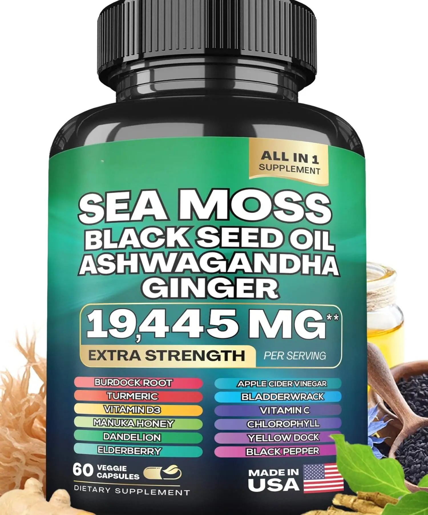 7000mg Sea Moss Capsules 16 In 1 Supplements Black Seed Oil Ashwagandha Turmeric Bladderwrack 