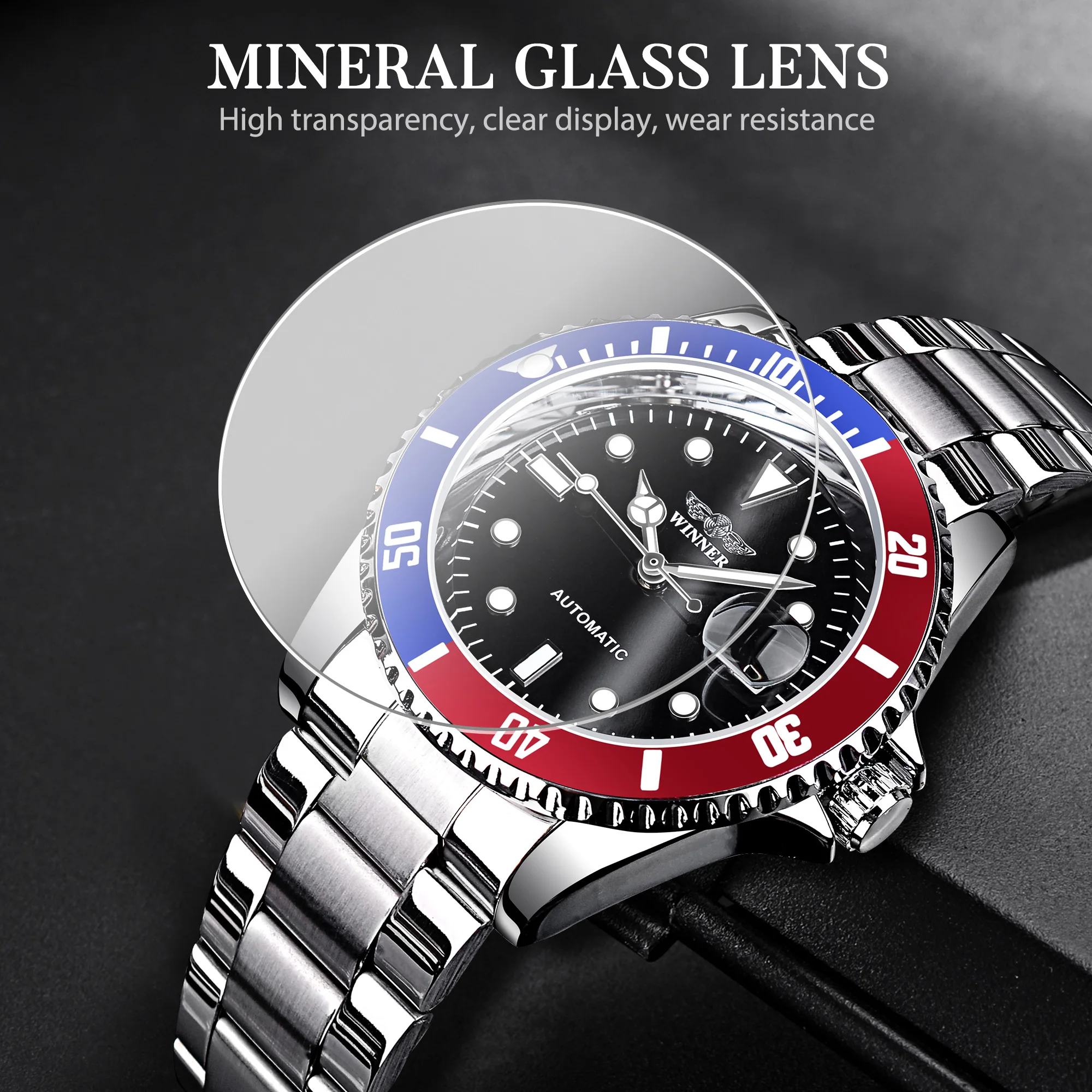 Winner Men's Sport Wrist Watch Luminous Steel Automatic Self-Wind Mechanic  Blue Red Calendar Display Stainless Steel Band Glass