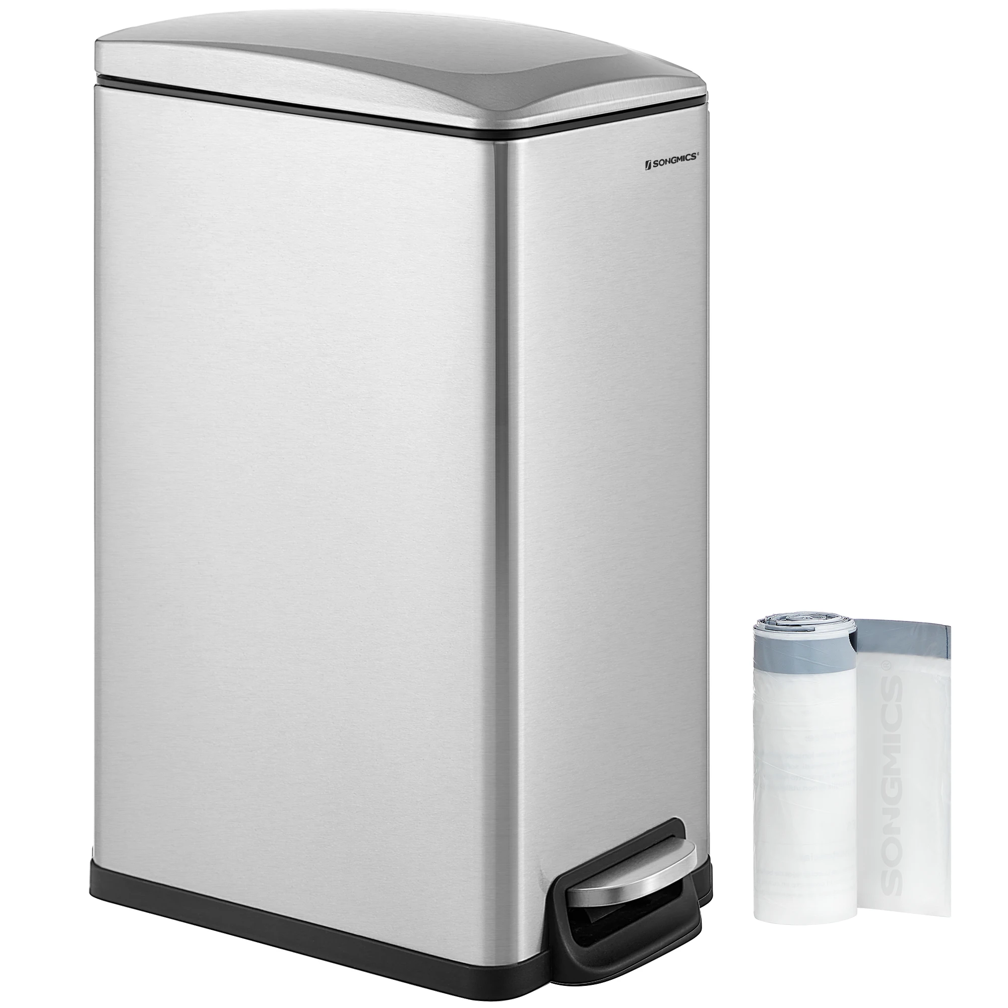 SONGMICS 48L Stainless Steel Trash Can rectangular dustbin Soft-Close ...