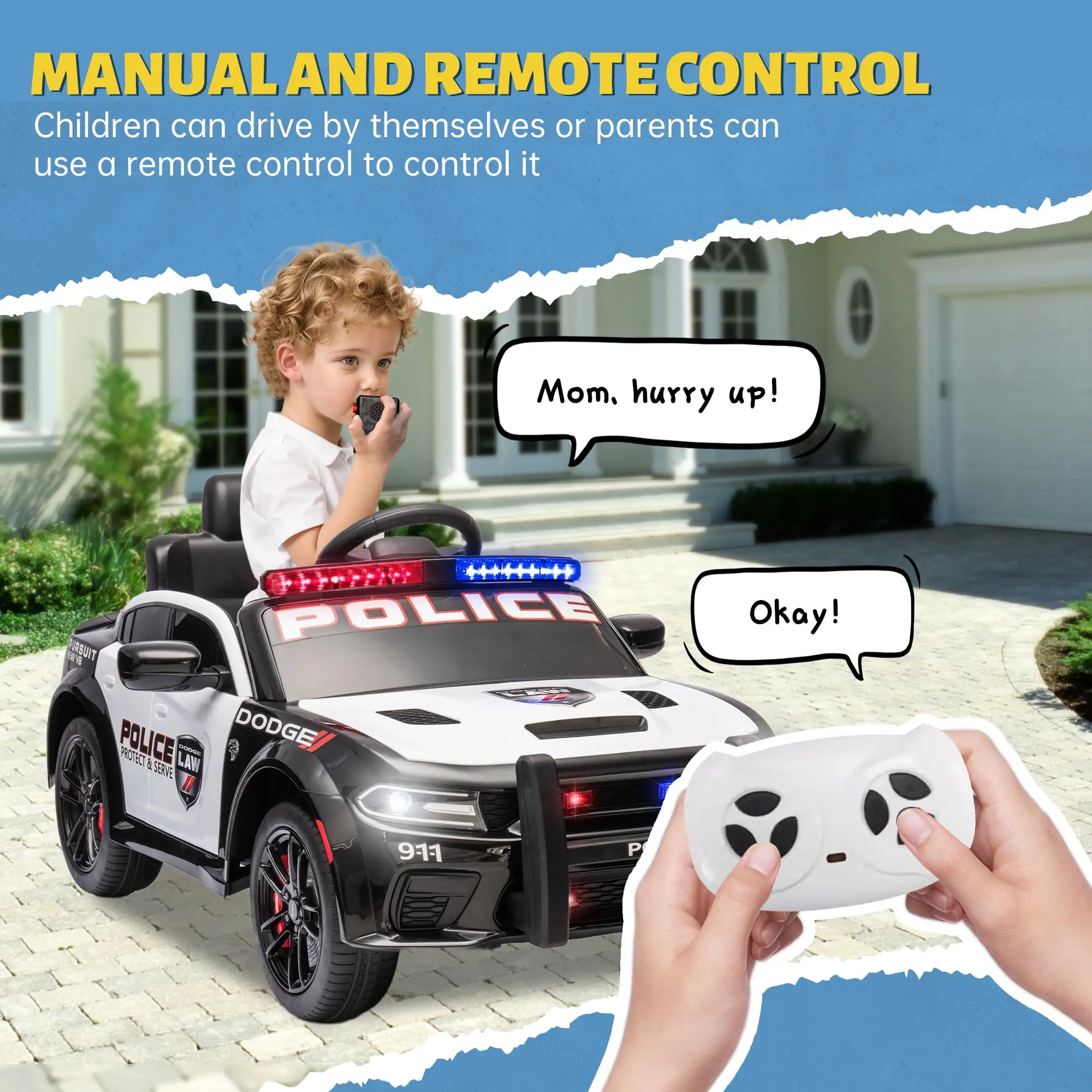 Licensed DODGE Kids Police Car 12V Electric Ride-On Toy with