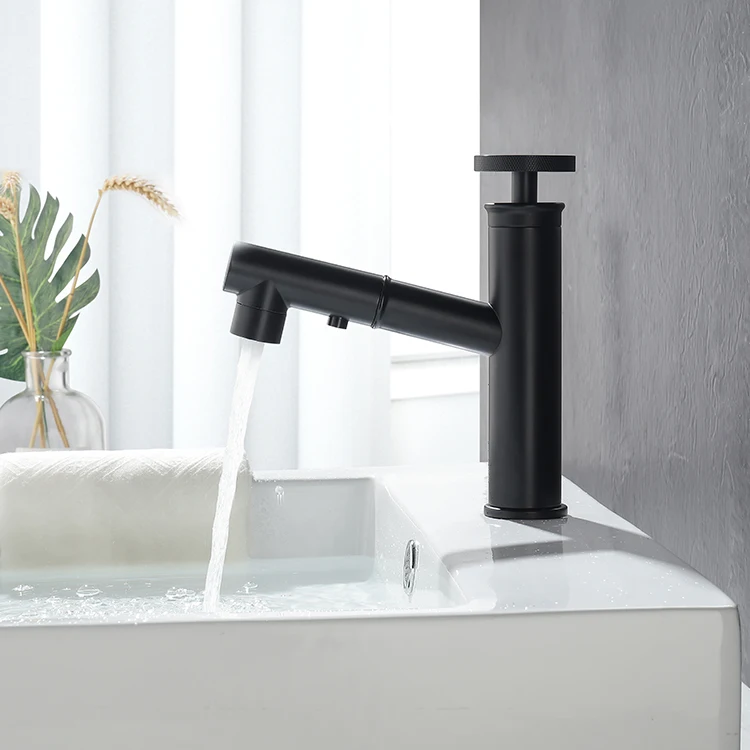 New Design Bathroom Sinks Pull Out Brass Black Basin Faucet