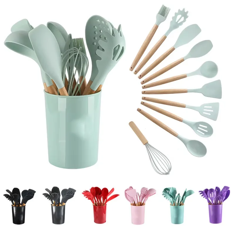USSE Heat Resistant Non-Stick Silicone Kitchenware Cooking Utensils Set Wooden Handle Kitchen Utensils Set