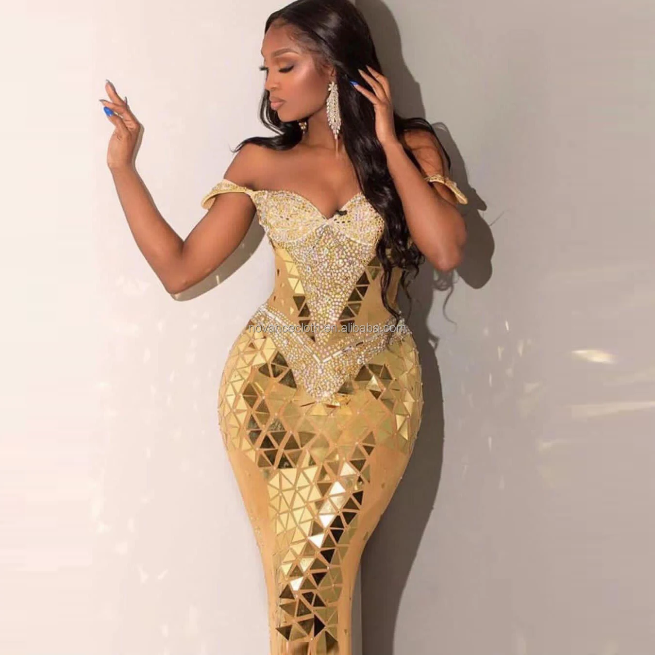 Luxury Gold Sequin Evening Dress - Long Off-Shoulder Gown for Cocktail  Parties & Performances, Elegant Women's Apparel
