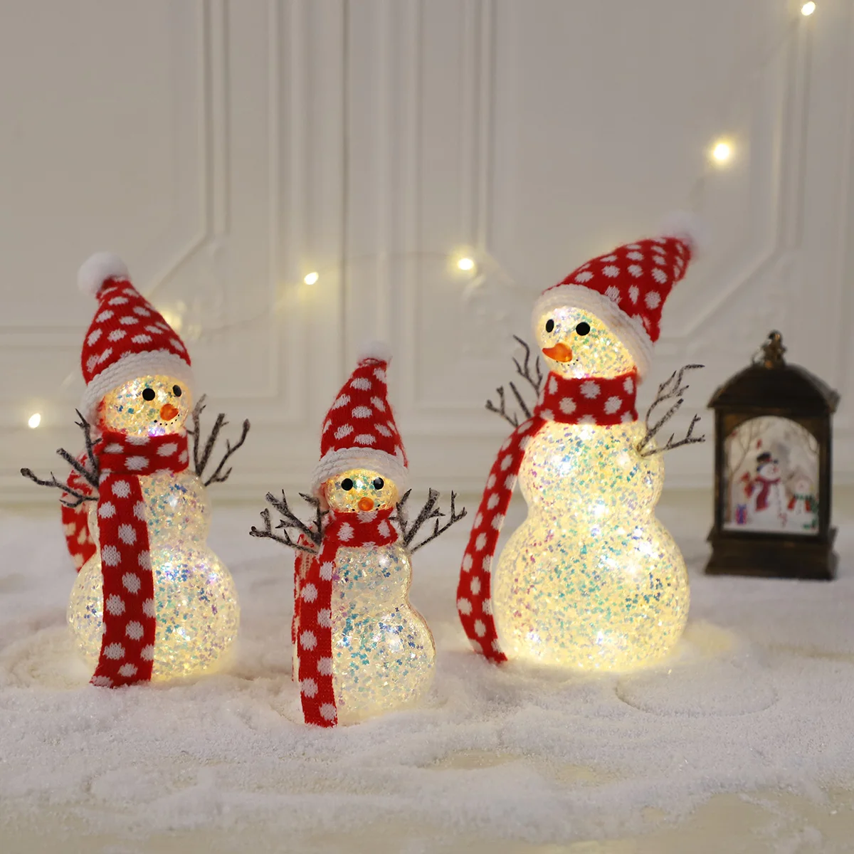 Small led light pre-lit up sliver glass christmas xmas snowman figurine decoration ornaments for christmas new year home decor details