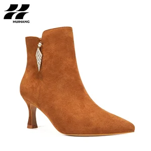 Women's Winter Suede Stiletto Ankle Boots with Rhinestone Pendant Trendy Pointed-Toe Zipper Closure for Party or Evening