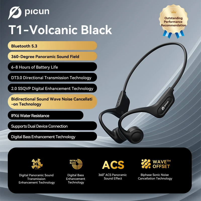 Picun T1 Open Ear Bone Conduction Bluetooth Headphone Wireless Sports Earphone Running Headset