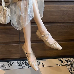 OEM/ODMSummer Women's Genuine Leather Flat Shoes Pleated Cross Buckle Wedge Heel Small Vexed Sweet Temperament Fairy Skirt