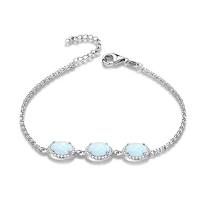 925 Sterling Silver Women's Oval Shape Bracelet with White Blue Fire Opal Rhodium & Gold Plated for Gift Main Stone Zircon
