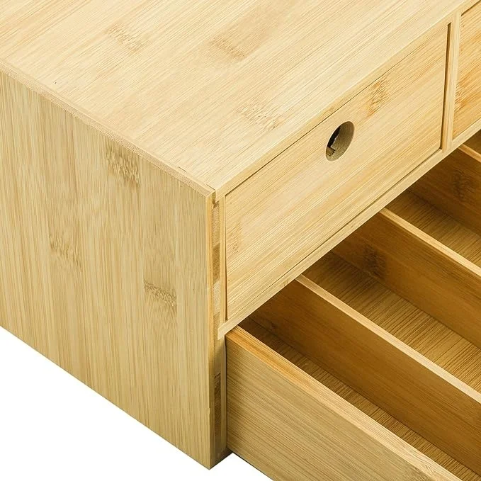 JQ Multi-Functional Bamboo Tea Box Coffee Capsule Holder Tea Bag Organizer Box with Sliding Drawer & Divider