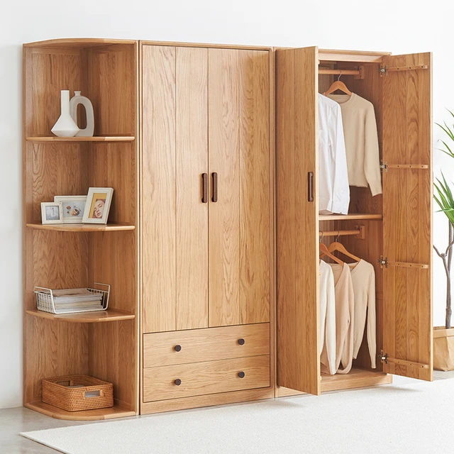 Simple Modern Solid Oak Wood Home Furniture Storage Almirah Wardrobe Bedroom Furniture Wardrobe Cabinet