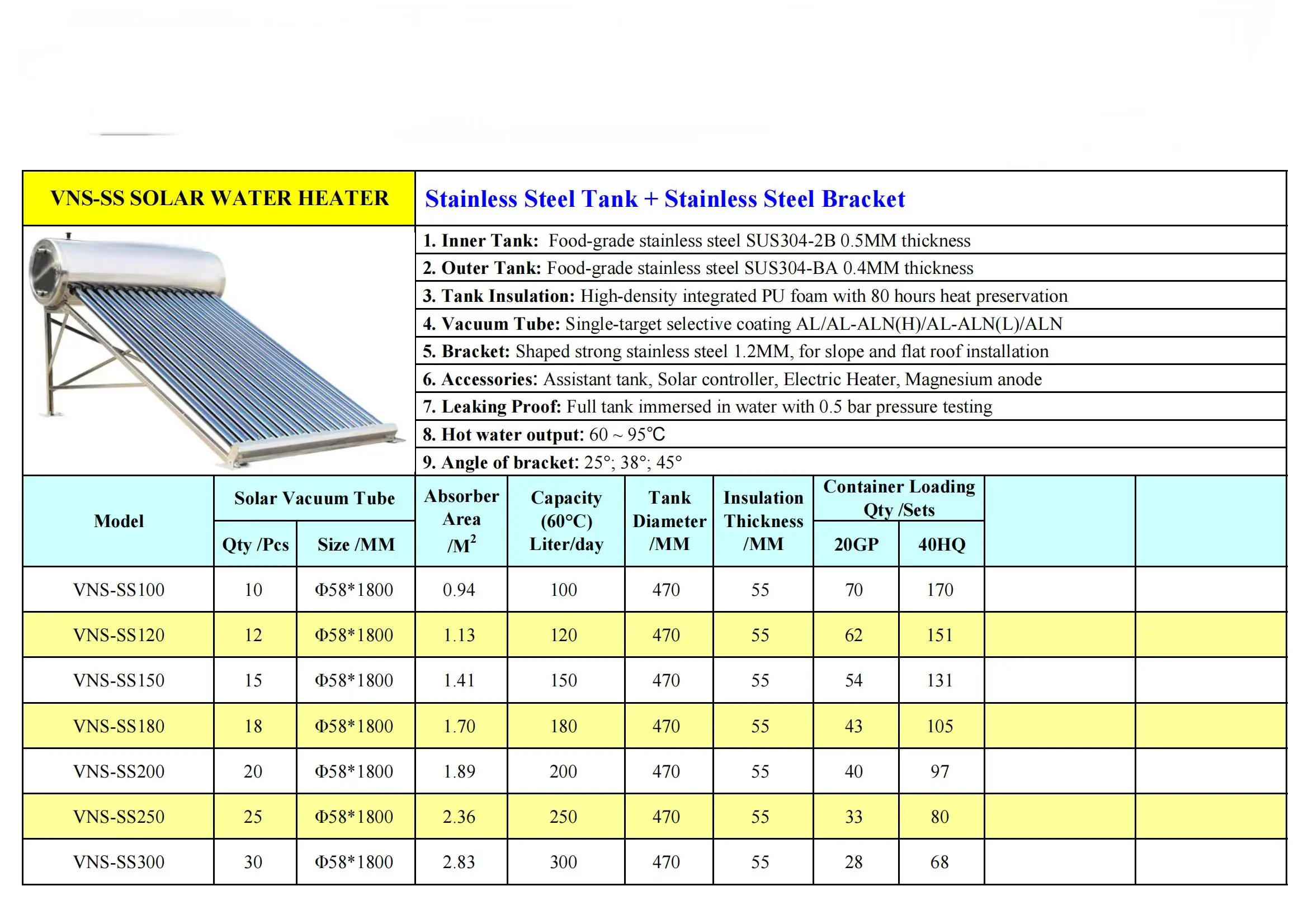 Non-pressurized heat pipe Vacuum Tube Solar Water Heater Solar Collector Vacuum Solar Collector Glass Aluminium Material