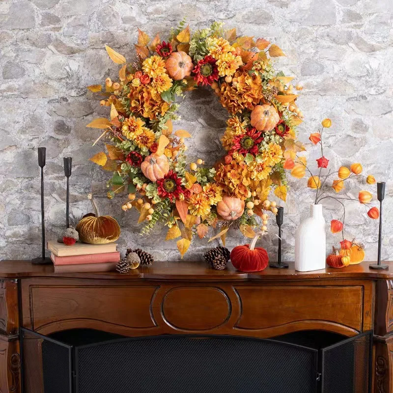 Front Door 21 Inch DIY Fall Harvest Hanging Decoration Grapevine Autumn Artificial Poppy Flower Wreath