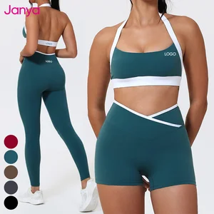 Janya Custom Logo Breathable Gym Clothes Suit Color Blocking Halter Bra V-waist Leggings Fitness Set Yoga 2 Piece Set for Women