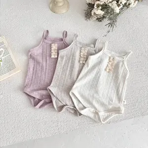 Summer Infant Romper Baby Girls Casual Solid Ribbed Lace Double Button Strap Simple Baby Jumpsuits