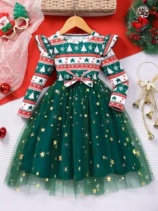 New Arrival Green Girls Christmas Dress O-Neck Meshed Knee-Length A-Line Casual ODM Polyester Spandex Wholesale Party Dress