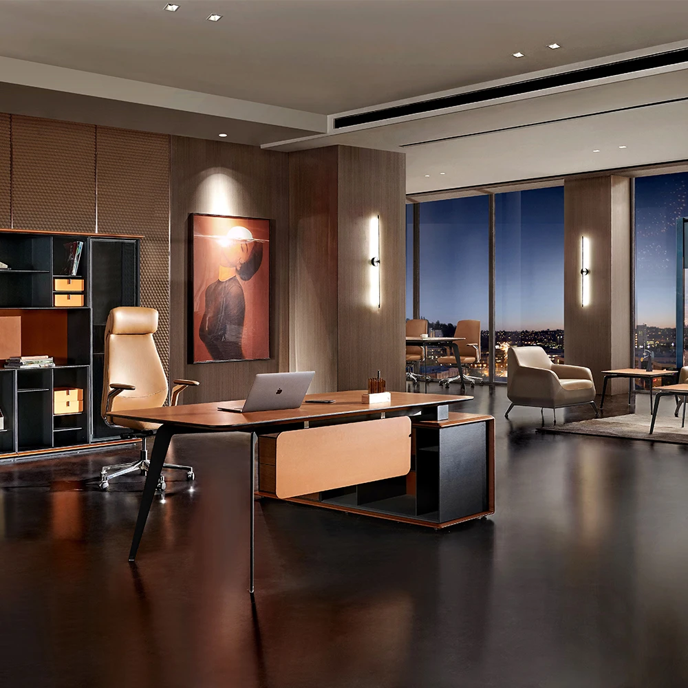 Saddle Leather Office Boss Table with Smart Fingerprint Lock L Shaped Office Desk MDF Office Furniture Executive Working Desk